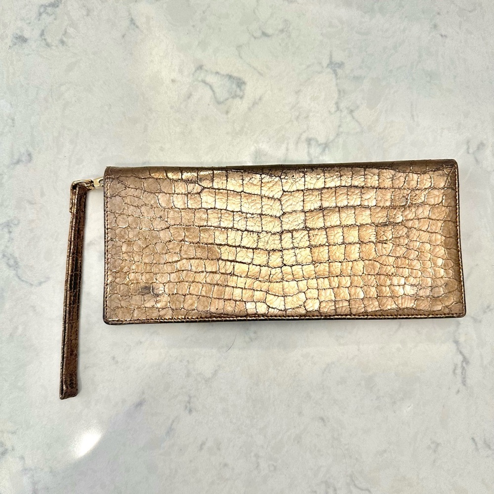 Lodis Metallic Bronze Gold Crocodile Print Embossed Clutch Bag, Zipper Strap